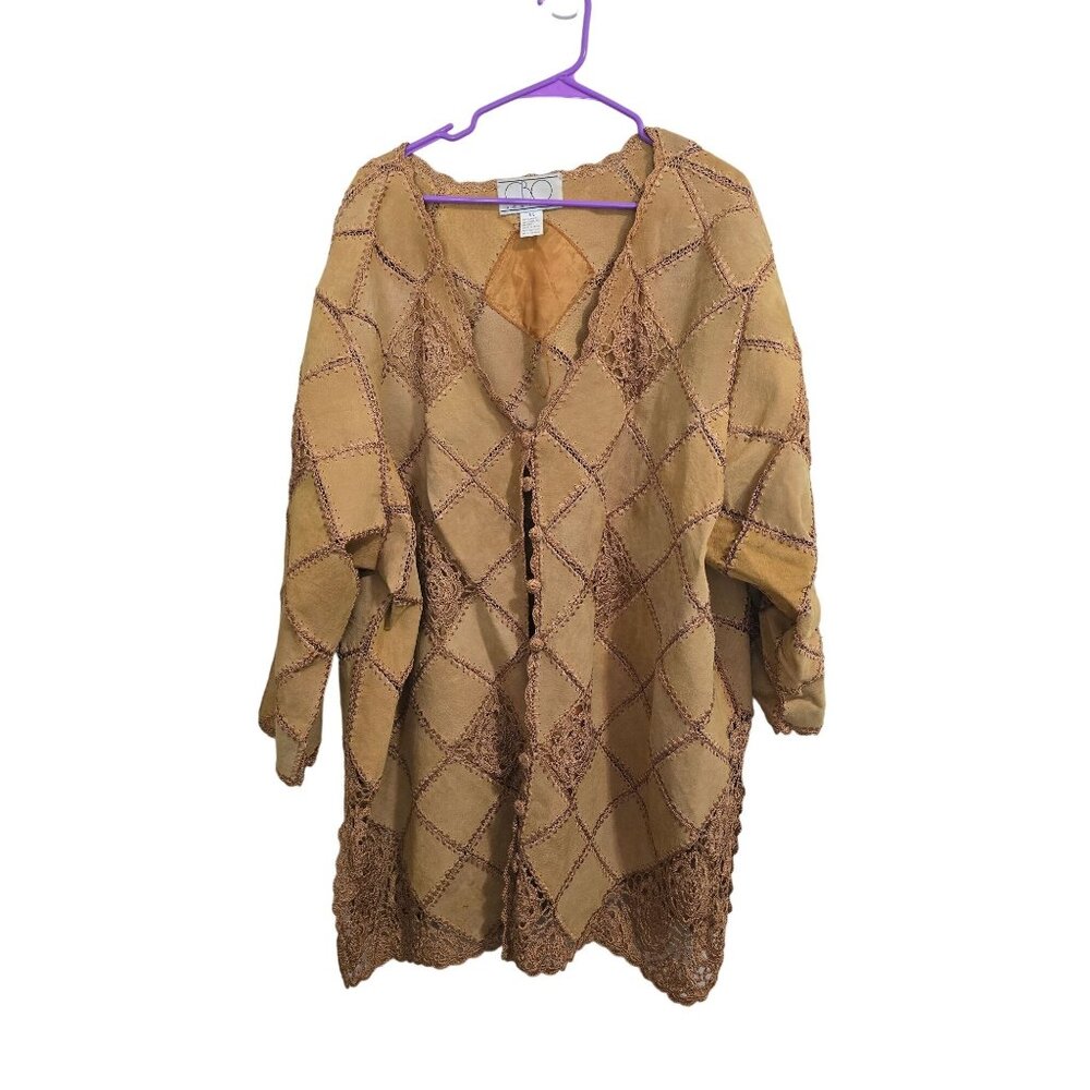 Vintage CBO New York‎ 5X Leather Kimono Jacket With Crochet Trim